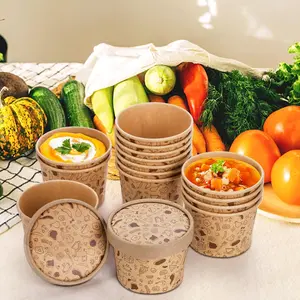 50 Pack Disposable Paper Containers with Lids - 8oz To Go Soup Container, Ice Cream, Yogurt - Kraft Food Cup for Hot or Cold Soup