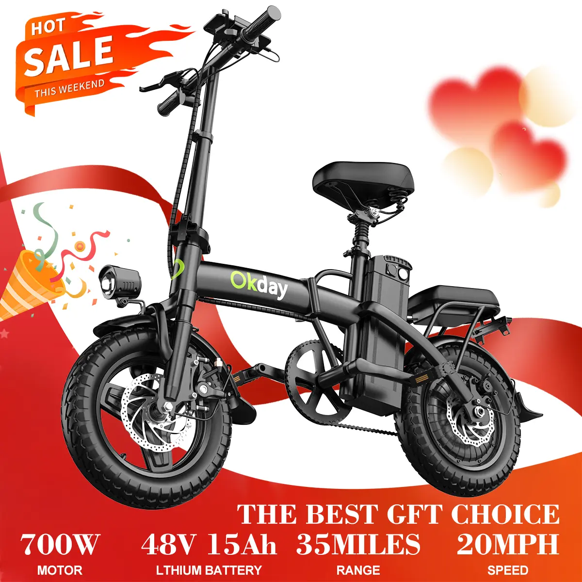 Okday Compact 14" Foldable Ebike for Adults, 700W Motor, 48V 15Ah Battery, Up to 20MPH Speed, 35-mi Range, Dual Suspension Disc Brakes, Carbon Steel All-Terrain Electric Bicycle, Unisex City Commuter & Outdoor Adventure
