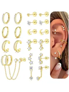 Sleek 10 Pairs Lustrous Golden Metal Ear Ornaments for Women Men 20G Heavy-Duty Stainless Steel Flat Back Studs Fine Blendable Ear Combination Pieces Mini Cartilage Earring Sets Suited for Various Multi-Piercing Layouts and Daily Urban Wear