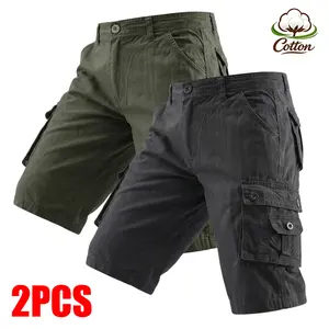 2 Pack Men's 100% Cotton Cargo Shorts, Casual Multi Pocket Work Shorts, Summer Breathable Outdoor Hiking Shorts for Men