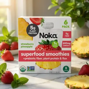 Noka Superfood Fruit Smoothie Pouches, Strawberry Pineapple, Healthy Snacks with Flax Seed, Prebiotic Fiber and Plant Protein, Vegan and Gluten Free, Organic Squeeze Pouch, 4.22 oz, 6 Count