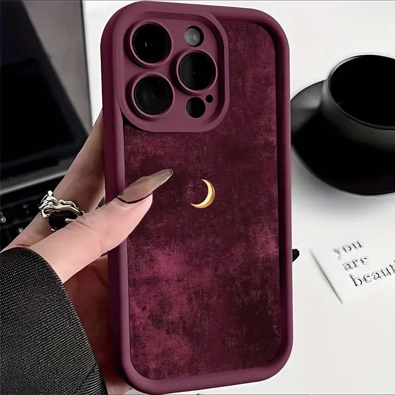 Wine Red High Bamboo Night Golden Crescent TPU Pattern Case for iPhone 17 Pro Max 16 16e 15 14 Plus 13 12 Mini 11 Air X XS Pattern Soft TPU Rubber Camera Protection Rugged Mobile Phone Cover Valentine's Day  Gift 2D printing, Accessories