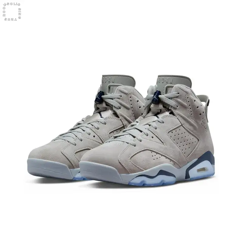 Light Grey Navy Trim High-top Retro Basketball Sneakers | Soft Suede Upper Material | Translucent Light-blue Outsole With Visible Air Cushion, Suitable for Minimalist Urban Outfits, Casual Office Wear and Indoor Basketball Training