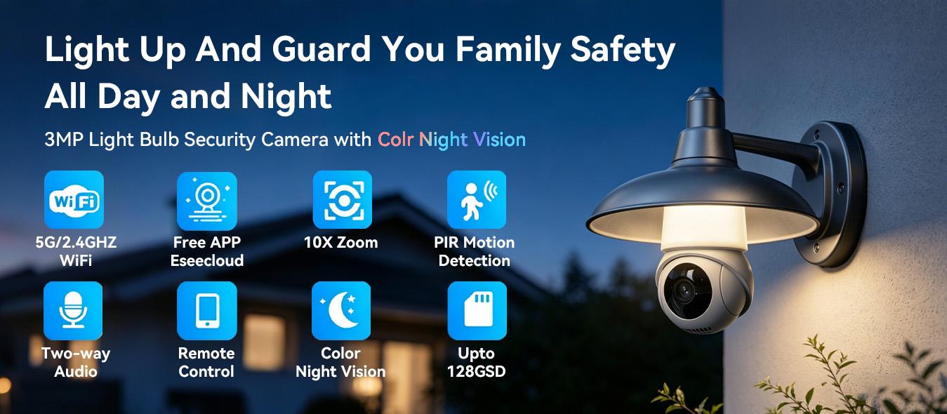 Floodlight Bulb Security Camera, Wireless WiFi PTZ Outdoor Camera with Dual-Band 2.4/5GHz WiFi, Human Vehicle & Pet Detection, Color Night Vision, Two-Way Audio, IP65 Waterproof