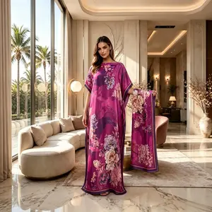 Women’s 2-Piece Satin Sleeveless Floral Print Casual Beachwear Robe Set - Long Dress + Shawl Headscarf for Beach Sun Protection