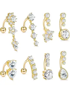 Elegant 8 Pcs Golden Navel Rings 14G Copper Surgical Steel Dangle Belly Button Rings for Women Men Dazzling CZ Belly Barbell Piercing Dangle Reverse Curved Navel Barbell Body Jewelry Set