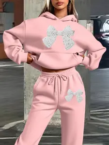 Women's Hoodie and Sweatpants Set for Fall & Winter, Diamond Bow Print, Casual Chic Style, Perfect for Outings and Dates