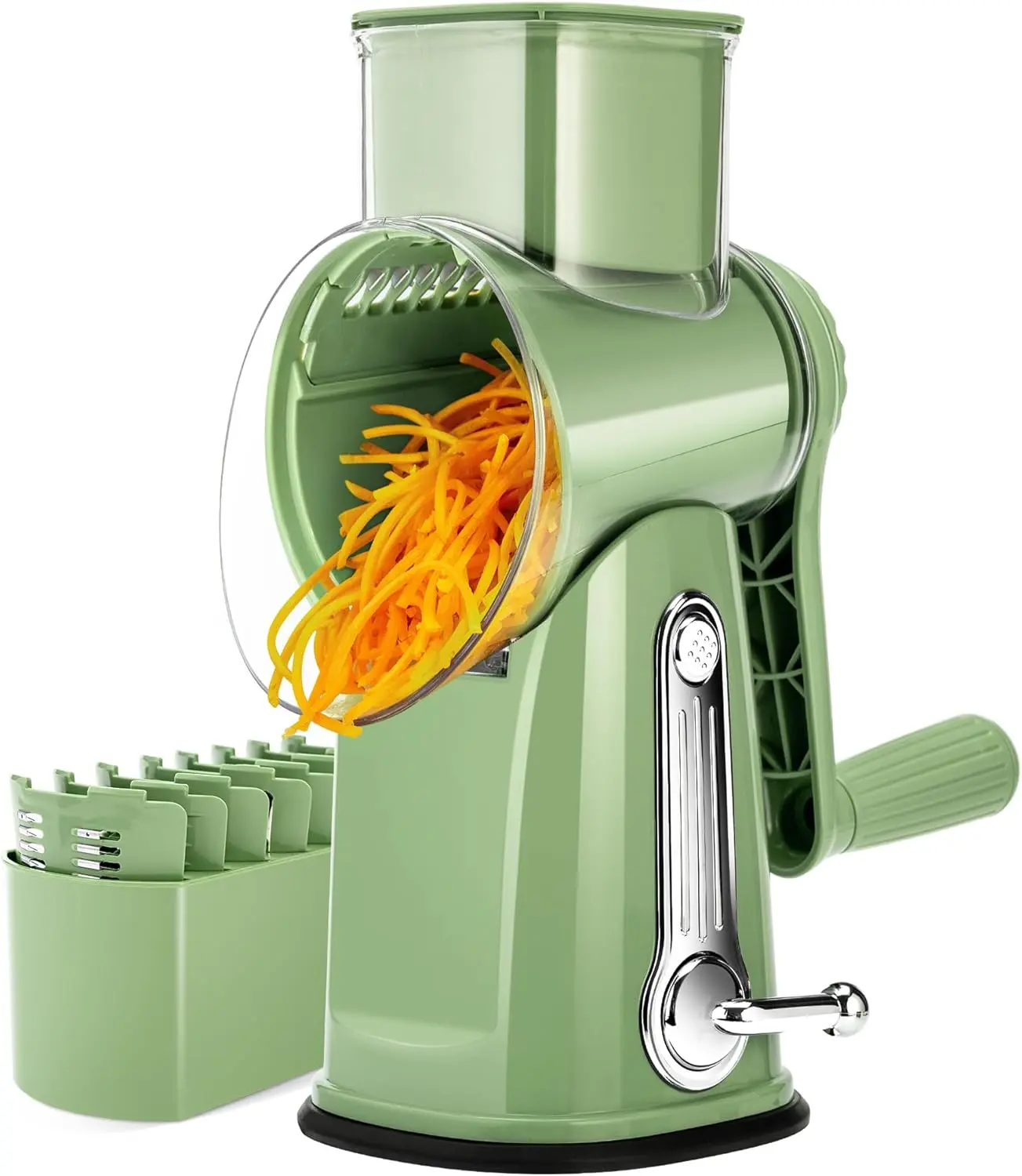 Rotary Cheese Grater 5 Blades,Kitchen Mandoline Vegetable Slicer | Easy to Clean,Strong Suction Base,Blades Storage Box,Round Mandoline Slicer & Food Chopper for Cheese,Salad,Nut, Retro Green