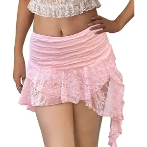 Imily Bela Women Y2K Lace Mini Skirt Low Rise Pleated Ruffle Short Skirts Layered Flowy Asymmetrical Fairy Half Slip Skirt