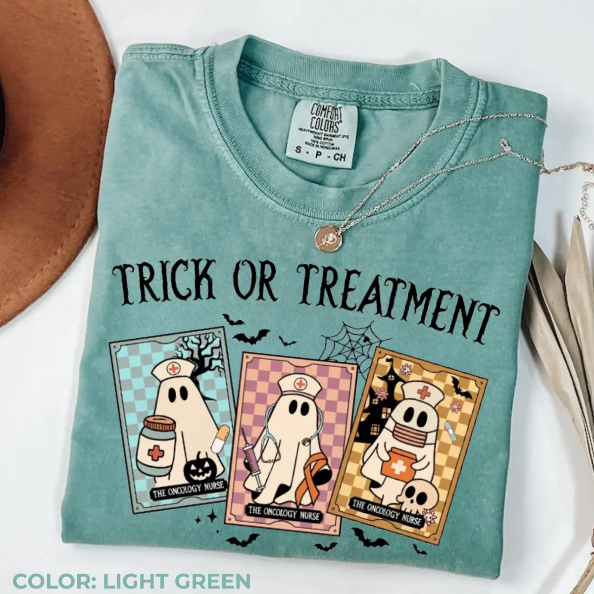 Comfort Colors Oncology Nurse Halloween Shirt, Preppy Ghost Nurse Graphic Tee, Cute Spooky Medical T-Shirt