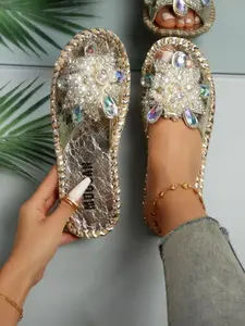 Women's Faux Pearl & Rhinestone Decorated Slide Sandals, Stylish Elegant Sandals, Fashionable Glitter Sandals, Casual Open Toe Summer Shoes, Walking Shoes Slide Cute 2026 Slippers Back To School Footwear, Slippers for Women