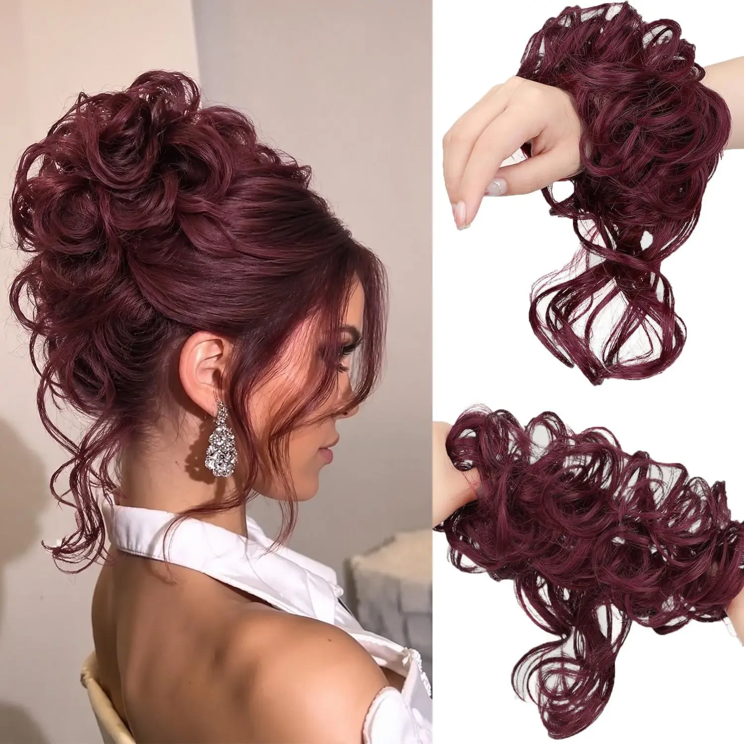 Large Messy Bun Hair Piece Wavy Curly Scrunchies Elastic Band Synthetic Chignon Ponytail Hair Extensions Thick Updo Hairpieces for Women