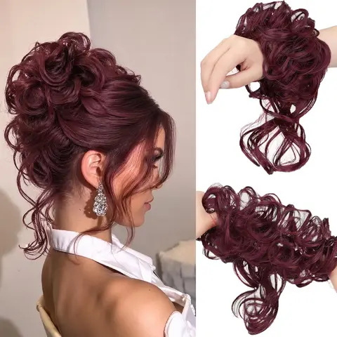 Women's Large Boho Curly Ends Synthetic Ponytail Hair Piece - Scrunchie Elastic Band Drawstring Chignon, Thick Updo Extensions with Adjustable Fit, Double Clips for Fast Ponytail Hairstyles, All Ages Compatible Synthetic Hair Pieces