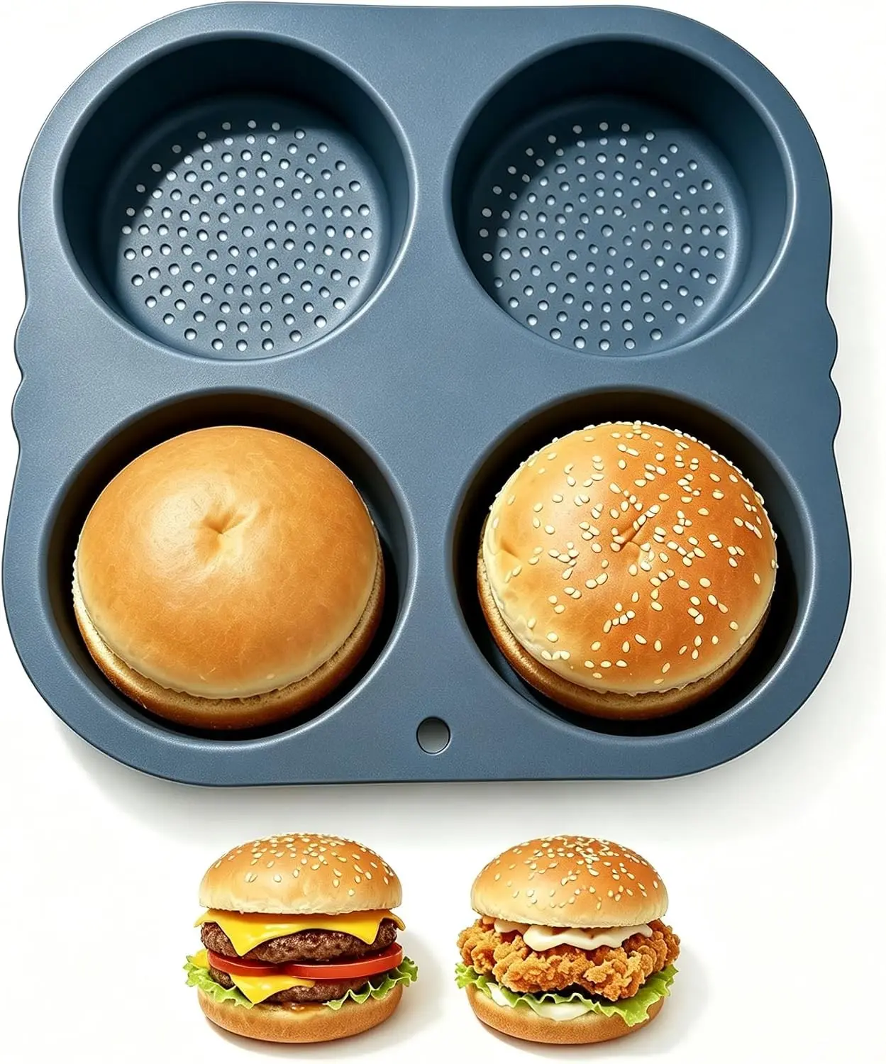 4-chamber silicone hamburger baking tray, non stick heat-resistant baking tray for homemade hamburgers and bread, baking oven bread tray, easy to use and reuse