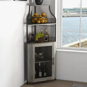 5-Tier Corner Wine Cabinet with LED Lights – Industrial Bar Cabinet with Glass Holder & Adjustable Shelf, Mesh Door, Modern Liquor Storage for Home