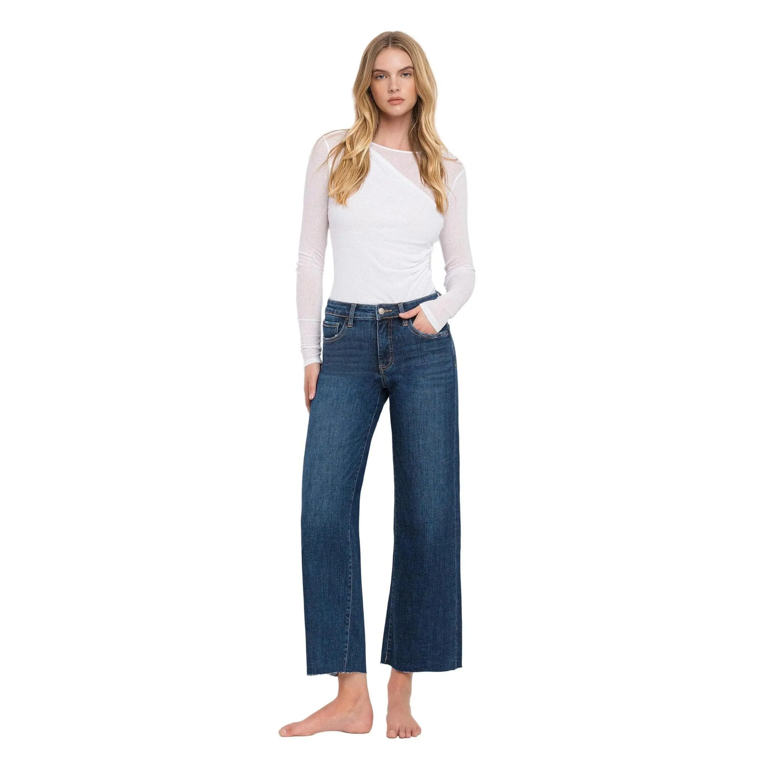 Slat Tree Women's Tummy Control Jeans in a Mid-Rise Wide Leg Style - Comfort Stretch for a Smooth Fit with Raw Hem, Bottom