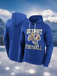Men's Casual Embroidered Drawstring Fleece Hoodie With Pocket-DETROIT Football Hoodies Comfortable Polyester Knit Fabric,Suitable for Streetwear, Back To School,Casual Wear,Christmas