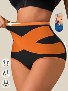 8PCS High-Waisted Women's Color-Block Shaping Panties | Cross Waistband, Breathable Mesh, Tummy Control & Body Shaping | Comfortable Polyester-Spandex Blend for All-Day Support