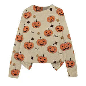 Autumn and winter fashion clothing Women's Halloween Pumpkin Print Long Sleeve Knit Top, Casual Elegant Vacation Style Sweater, Loose Fit Batwing Shoulder, Spring Summer Fall Wear, Womenswear