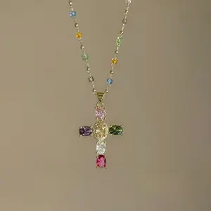 Dopamine Colorful Cross Necklace Contrast ColorZircon Collarbone Chain Sweet Fashion Niche DesiqnHigh-end Necklace