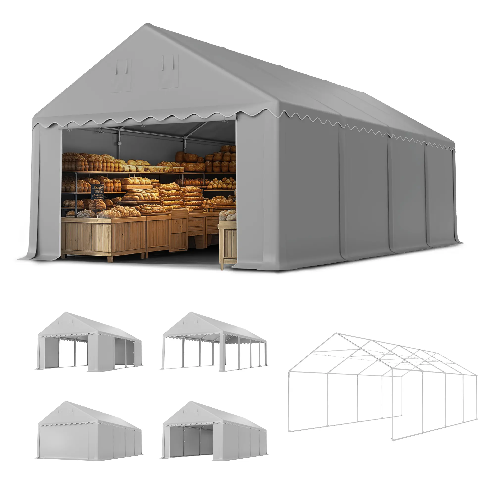PHI VILLA Outdoor Portable Commercial Storage Shed Canopy with Roll-Up Zipper Doors & Vents - Waterproof, UV Resistant, Anti-Snow Commercial Equipment Shelter Tent, Grey