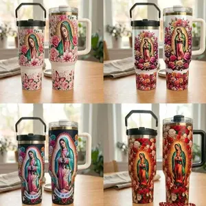Virgin Mary Our Lady of Guadalupe Tumbler 40oz 30oz with Handle, Catholic Floral Stainless Steel Cup, Religious Gift, Insulated Hot Cold Drink Mug