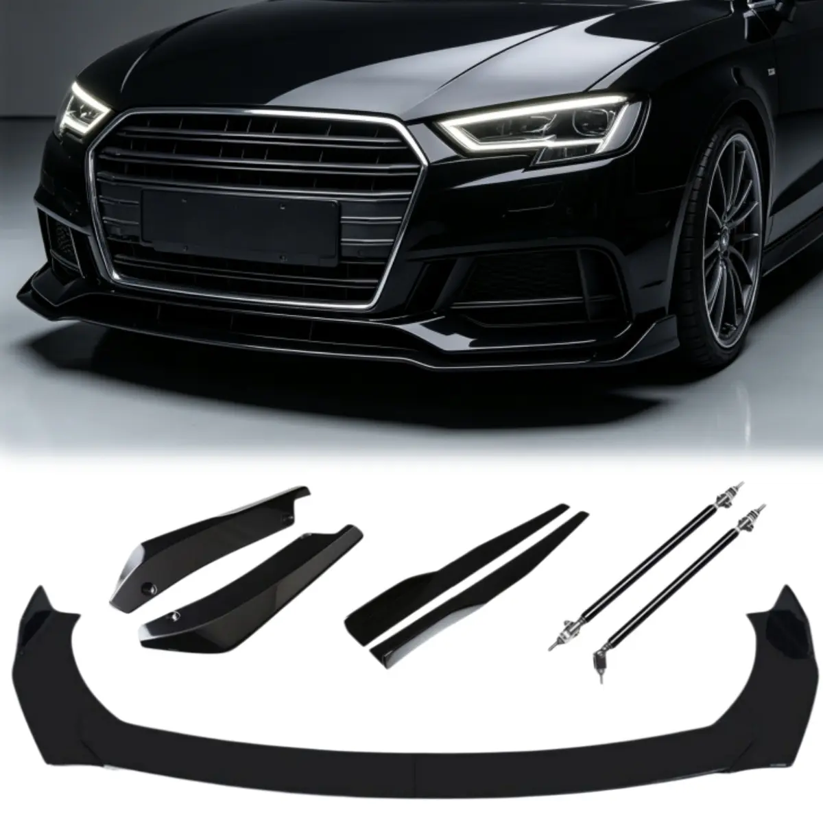 Glossy Front Bumper Lip Splitter Kit for Audi A3 8V/8Y, A4 B9 (2016–2024), A5, A6 C8, Q2/Q3 – 9PCS/7PCS, Adjustable 4-Section Front Chin Spoiler, Side Skirt & Rear Bumper Lip Protection Spoiler
