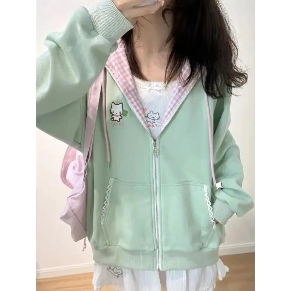 Y2k Kawaii Japanese Cartoon Long Sleeve Zipper Hooded Sweatshirts Subculture Loose Casual Hoodies Women Tops 2000s Vintage Chic