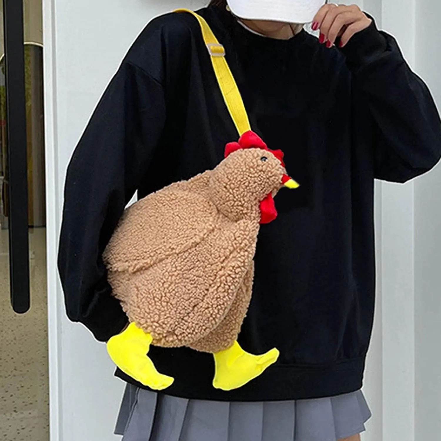 Cute Plush Chicken Shaped Purse Fluffy Shoulder Bag Casual Crossbody Bag for Women Men Adjustable Strap Unisex Design