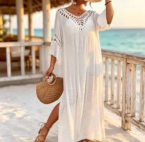 Women's Crochet Trim Open-Back Sun Protection Beach Cover-Up Dress - Casual Loose Design, Side Slit, Hand-Crocheted Hollow-Out Stitching