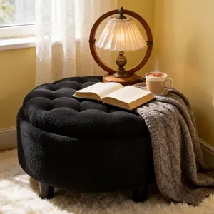 25“ Round Storage Ottoman with Tray, Modern Tufted Fabric Circle Coffee Table with Storage, Upholstered  Ottoman with Removable Top for Living Room, Bedroom,Black