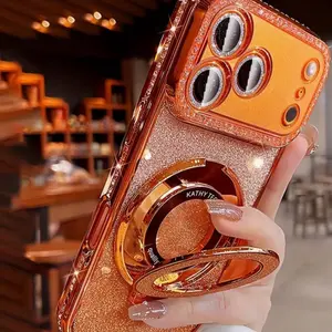 Phone Case: Luxury Glitter Rhinestone Ring Stand Gradient Sequin Plated, Compatible with iPhone 17 Pro Max, Women's Orange