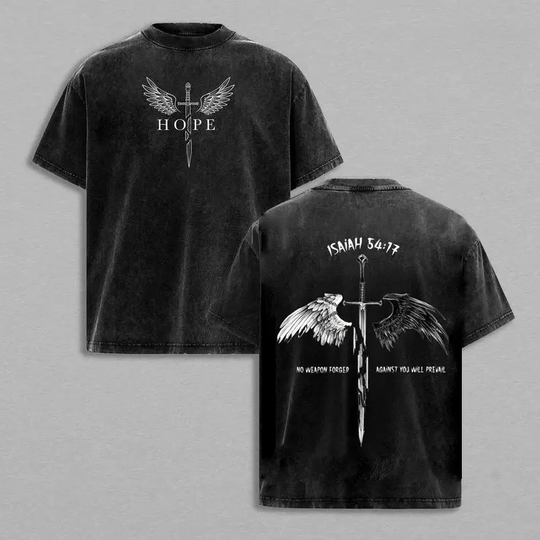 Men's Round Neck Cotton Short-Sleeve T-Shirt - Unisex Classic Soft Casual Washed Fabric Christian Top with Isaiah 54:17 Bible Verse, Sword, Angel Wings Faith Graphic, Mens Clothing, Men's Graphic Tees for Church, Gym Pump Cover