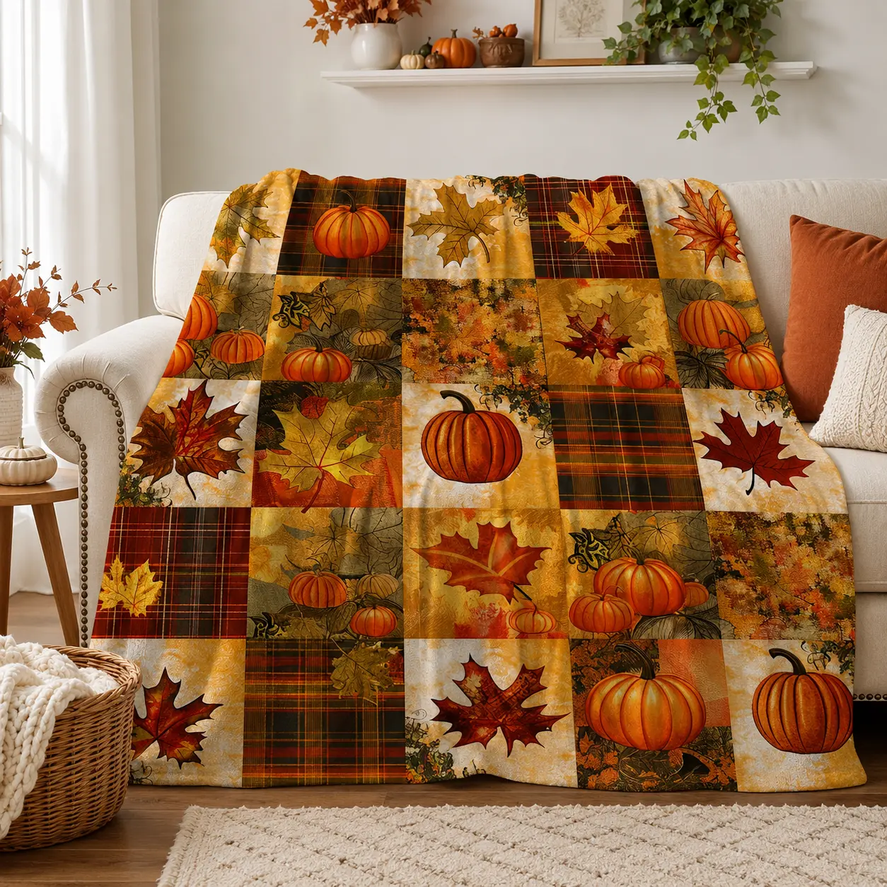 Plush Flannel Blanket Suitable For Any Season, Autumn Plaid Pumpkin Maple Leaf Design In Orange Red Yellow Tones, Cozy Fall Throw For Sofa Bed Travel Camping, Thanksgiving Couch Blanket For Autumn Cabin Lounge
