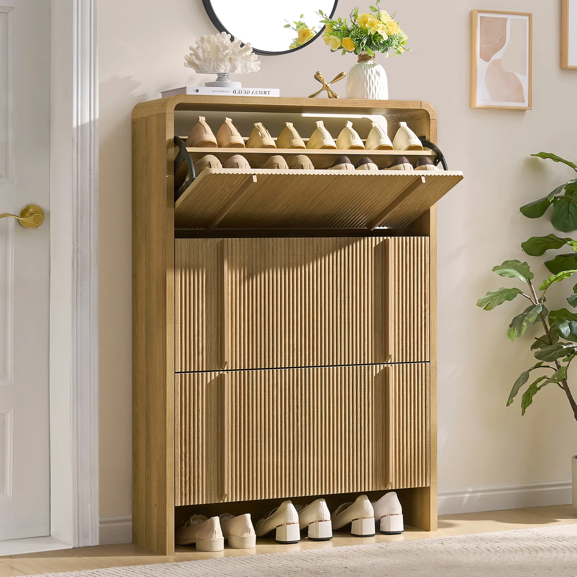 AMERLIFE Shoe Cabinet with 3 Flip Drawers, Fluted Shoe Organizer with Adjustable Shelf for Space-Saving, Freestanding Shoe Storage Rack for Entryway, Hallway[tiktokshopbacktoschool][SohoChic]