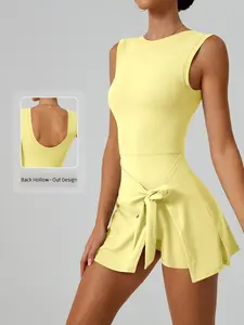 Women's High Elasticity Sporty Jumpsuit, Tight Fit Corduroy Skirt Hem Tennis Pants, Fitness Gym Cycling Running Bottoms