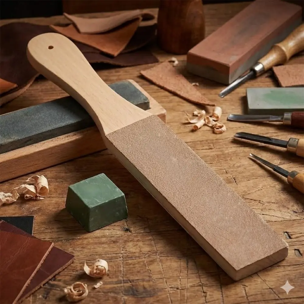 Professional Double-Sided Leather Strop for Knives & Razors, Handmade Dual-Layer Sharpening Tool with Wooden Handle, Portable Polishing Kit for Blade Maintenance and Edge Sharpening at Home or On-the-Go.