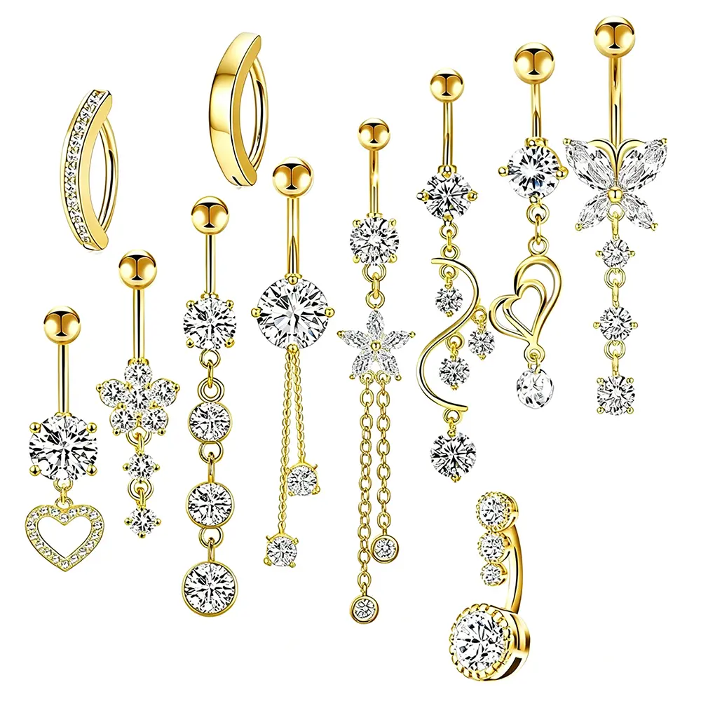 11PCS Women Belly Button Rings Surgical Stainless Steel Dangle Belly Rings Belly Bar Body Piercing Navel Jewelry Butterfly Heart Flower Dangling Gold Belly Piercings