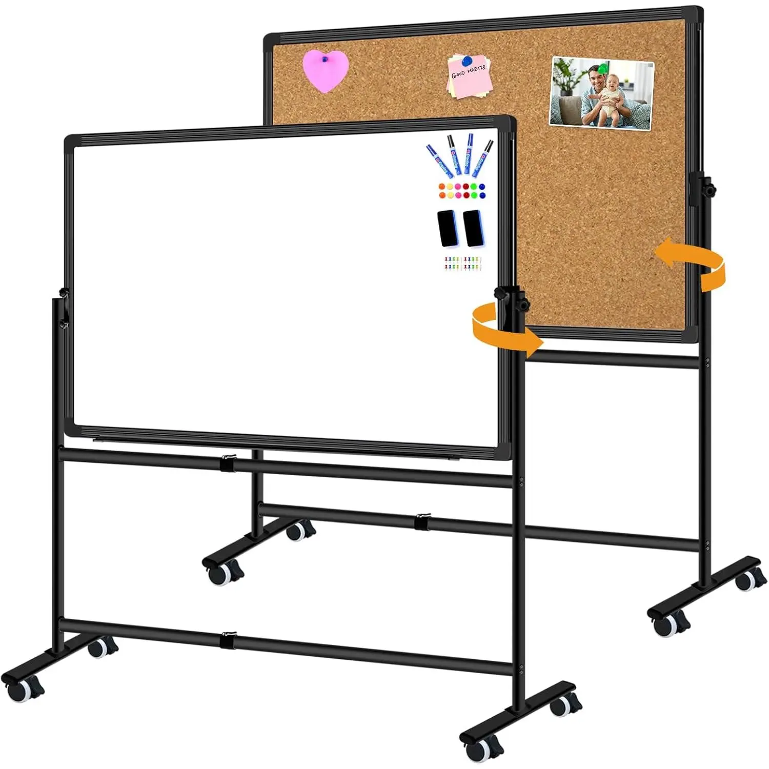 24x36 In Double-Sided Mobile Whiteboard & Cork Board with Stand, Adjustable Height & Angle, 360-Degree Rotation, 4 Lockable Casters, ABS Corner Guards for Classroom Presentations, Rolling Dry Erase Board