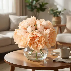 Artificial Peonies with Vase, Silk Peony Flower Arrangement with Faux Water, Fake Peonies Bouquet for Table Centerpiece, Wedding Decor, Home Living Room Decoration
