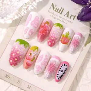 Trending 30pcs Handmade 3D Salon Quality Reusable Long Lasting Customizable Sweet Fruit Strawberry Grape Dragon Fruit Bow Almond Acrylic Press-on Nails, Removable Fake False Nails for Women Girls Daily & Party Use with Gel X Nail Kit