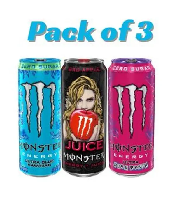 Monster Energy Variety Pack of 3 – Ultra Blue Hawaiian Sugar Free, Juice Monster Bad Apple & Ultra Punk Punch Energy Drinks (12 fl oz & 16 fl oz Cans)