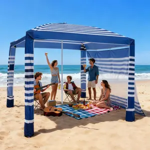 VEVOR Beach Cabana, 8 x 8 ft Beach Canopy with Side Wall, UPF 50+ Protection Easy Setup Cabana Tent with Sand Pockets, Adjustable Height Portable Shade Sun Shelter Umbrella for Family, Navy Stripes