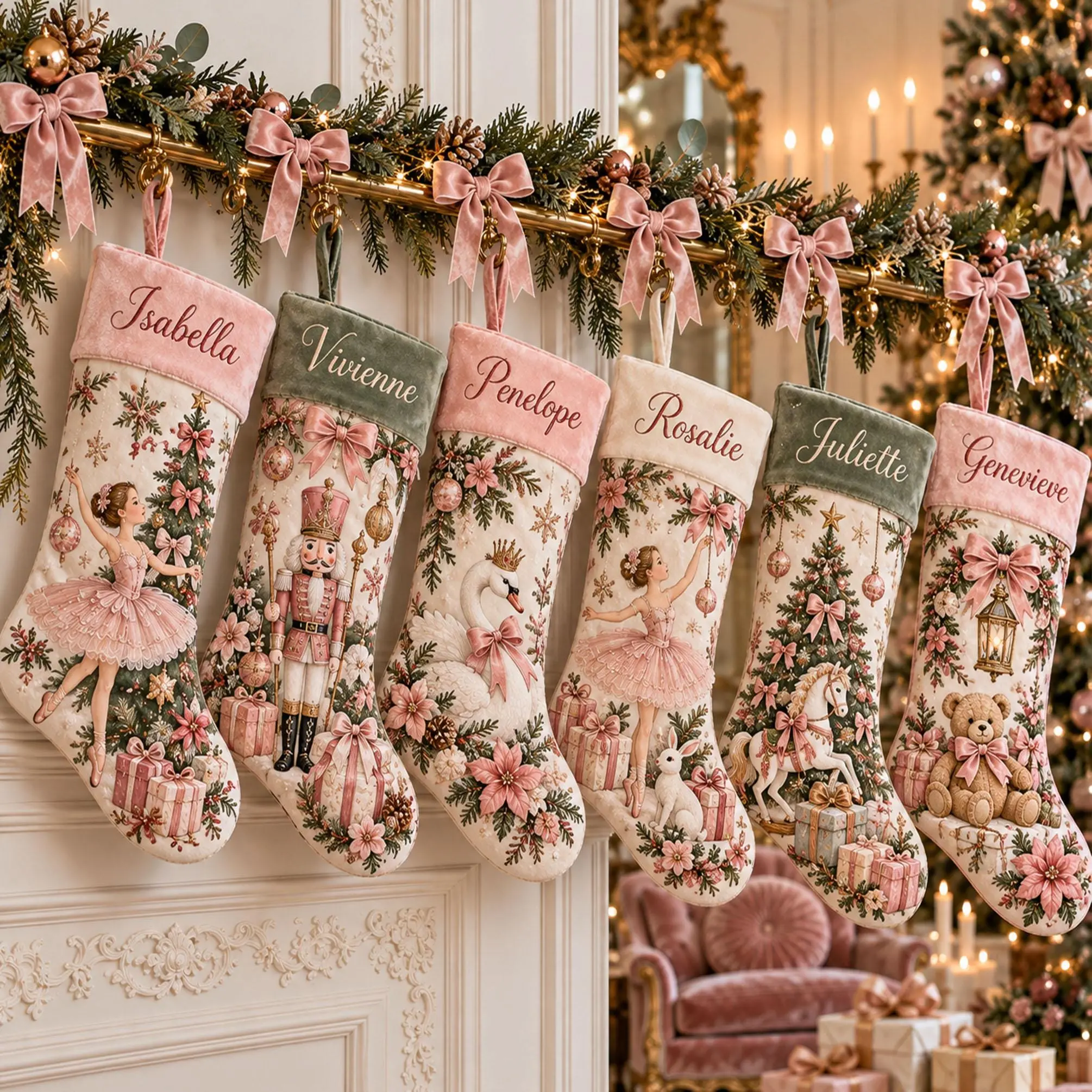 Personalized Christmas Stocking, Custom Name, Pink Ballerina, Nutcracker and Swan Designs, Pastel Holiday Mantel Decor, Christmas Gift Girls
