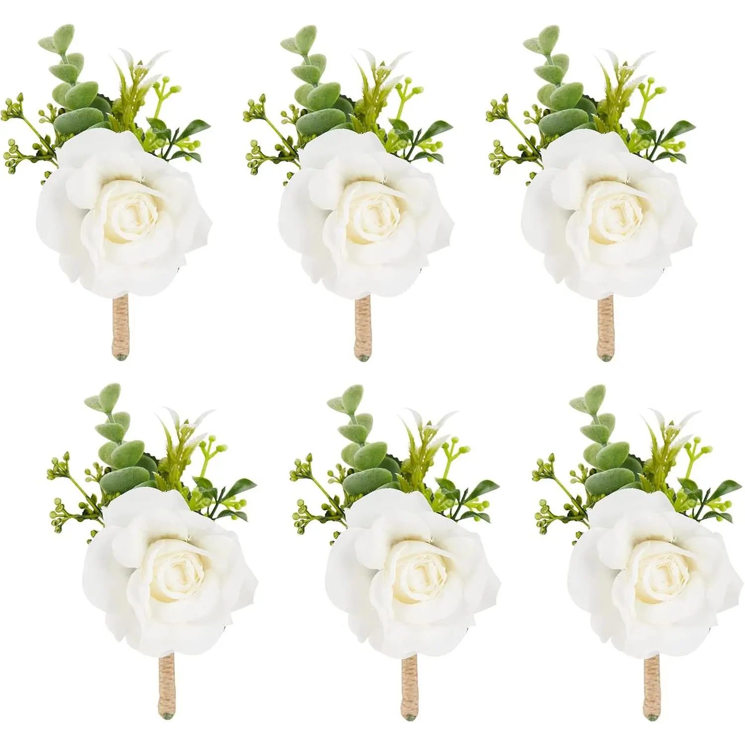 Gentleman's 6-Piece Ivory Silk Rose & Eucalyptus Boutonniere Set - Hand-Woven Twine, Bridal Wedding Groomsmen Accessories, Flower Brooch Pin, 1 Boutonniere & 1 Wrist Corsage White, Rustic Fall Home Decor Plants, Beautiful Packaging, 2.36 Inch Width
