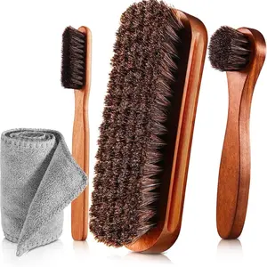 4 Pcs Horsehair Shine Shoes Brush Kit Polish Dauber Applicators Cleaning Leather Shoes Boots Care Brushes Suede Cleaner Brush with Microfiber Shoe Cloth(4 Pcs Style A)