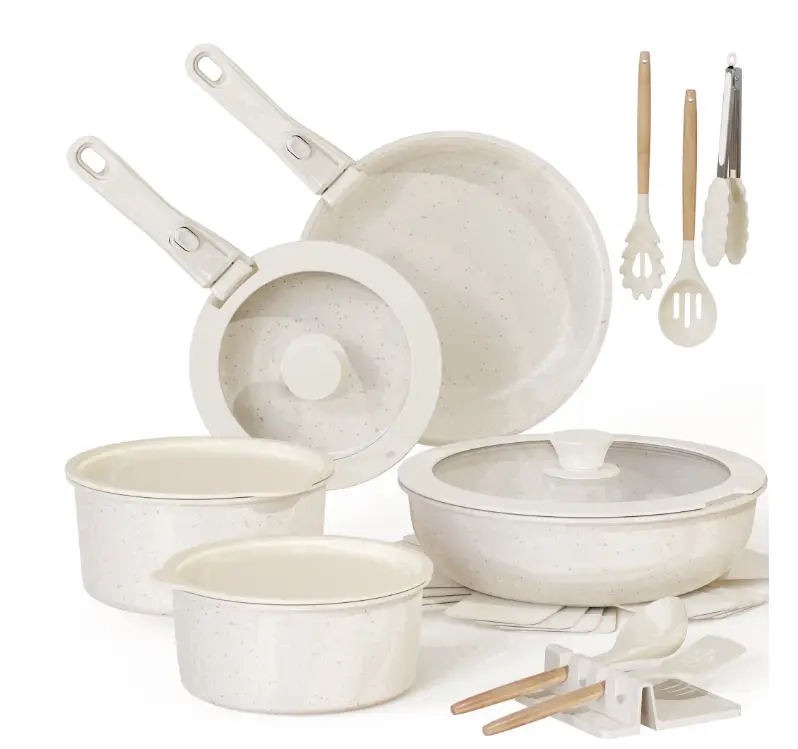 Astercook 20-Piece Pots and Pans Set, Ceramic Nonstick Cookware Set with Detachable Handles, Stackable Induction Cooking Set for Kitchen, RV and Camping, Dishwasher & Oven Safe, Cream White