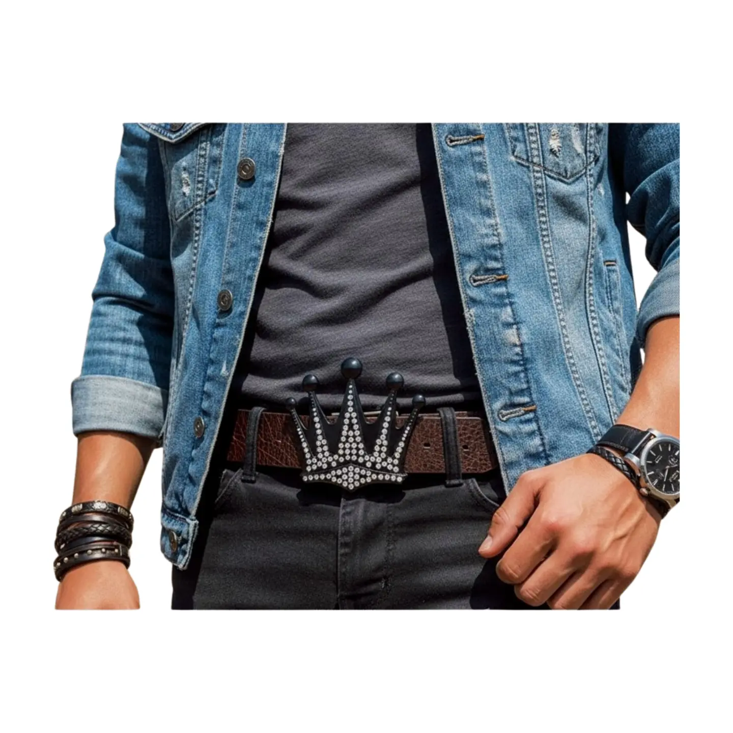Men’s King Crown Western Belt Buckle Oversized Black Metal Cowboy Buckle With Clear Rhinestones Rodeo Biker Rocker Style Fits 1.5 In Leather Belts NEW