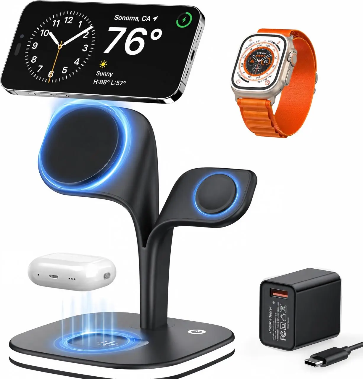 3 in 1 Wireless Charging Station for Magsafe Charger,Charging Station for Multiple Devices,Wireless Charger for iPhone 16 15 14 13 12,Apple Watch,AirPods with LED