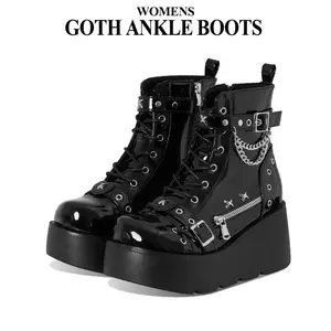 Womens Ankle Boots Rounded Toe Chunky Wedge High Heels Goth Punk Eyeletted Buckle Rivert Chain Lace Up Side Zipper Comfy Outing Motorcycle Riding Casual Night Club Party Fall Winter Retro Shoes